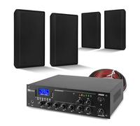 2-Zone Wall Mounted Speaker System with 2-Zone Mixer Amplifier, 4 Ultra-Slim 100V Line Flat Wall Speakers, Bluetooth, USB/SD Playback & 100m Speaker Cable, Commercial PA & Multi Room Audio