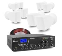 2-zone wall speaker system with 8x compact white 2.5-inch 100v line wall-mount speakers, 50w 2-zone Bluetooth amplifier, and cable - discreet public address system for commercial spaces