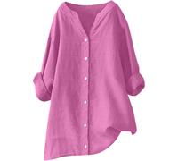 (20, 005* Hot Pink) Womens Button Down Shirts Cotton Linen Casual Long Sleeve Tops V-Neck Plus Size Loose Tshirts Ladies Blouses Business Work Blouses Fall Spring Dressy