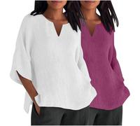 (20, 025* White) 2PCS Womens Tops 3/4 Sleeve Shirts Casual V Neck Cotton Linen T Shirts Plus Size Blouse Loose Fit Pullover Dressy Tshirts Going Out Tops Trendy Y2K Ou