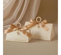 20/50pcs Triangular Pillar Present Box, Champagne Wedding Candy Packaging with Wooden Ring, Baby Shower Favor