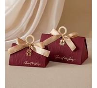 20/50pcs Triangular Pillar Present Box, Champagne Wedding Candy Packaging with Wooden Ring, Baby Shower Favor