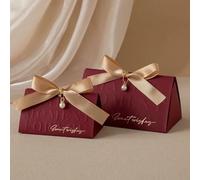 20/50pcs Triangular Pillar Present Box, Champagne Wedding Candy Packaging with Wooden Ring, Baby Shower Favor