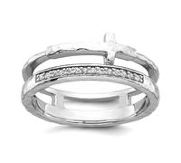20.5mm 925 Sterling Silver Polished Rhodium Plated Hammered CZ Simulated Diamond Religious Faith Cross 2 Band Ring Size 7-Band Style-Ring for Women and Men