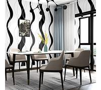 通用 20.87″Wx393.7″L Wave Pattern Black White Vertical Stripe Modern European Style Restaurant Bedroom Living Room TV Background PVC Wallpaper Non-Pasted