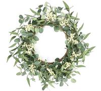 20" Artificial Eucalyptus Wreath, Spring Summer Wreaths for Front Door with White Berries Wreath Green Leaf Wreath for Window Wedding Farmhouse Patio Garden Party Decor.