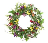 20 " Artificial Spring Summer Wreath with Fake Butterflies,Eucalyptus Leaves,Daisy,Dry Vine Branches,Fern Leaves for Front Door Indoor Outdoor Farmhouse Wall Holiday Decor, White Gift Box Included