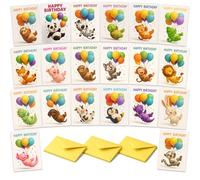 20 Assorted Birthday Card Multipack for Kids, Cute Fun Happy Birthday Animals with Balloons Design for Boy Girl Child, Eco Friendly, Blank Inside with Premium Envelopes