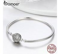 (20) Bamoer Authentic 925 Sterling Silver Dazzling Clear Cz Round Clasp Snake Chain Bracelet 17-20cm