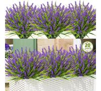 20 Bundles Artificial Plants Outdoor Fake Monkey Grass Shrubs with Flowers, UV Resistant Faux Lavender flowers Plastic Plants for Garden Window Patio Hanging Planter Home Summer Decor(Purple)