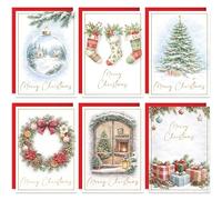 20 Christmas Cards Assortment, Traditional Festive Gold Red Watercolor Bulk Xmas Cards with Envelopes - 6 Patterns, For Friends, Family, Kids, Boys & Girls, 4x6