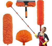 20+ Feet High Reach Duster Kit with 3-14 ft Free Installation Extension Pole // High Ceiling Dusting and Window Cleaning Tool Kit // Window Washer & Squeegee, Cobweb Duster, Fan Blade,Feather Dusters