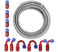 20 Ft 6AN Stainless Steel Braided Fuel Line Kit, 10 Fittings | 4 straight, 2 each 45°, 90° and 180° red-blue swivel fittings, 3/8-inch stainless braided CPE hose, not for E85