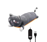 20" Grey Cat Heating Pad for Period Cramps USB Portable Electric 5 Heat Settings 5 Timer Modes Auto Shut Off Plush Stuffed Animal Warmer for Neck Back Pain Relax for Women Kids