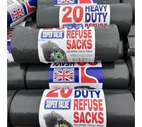 "20 Heavy Duty Black Bin Liners Refuse Sacks Bin Bag Rolls - Made in Britain | Strong Trash Bags for Home & Office | Large Garbage Bags for Waste Disposal"