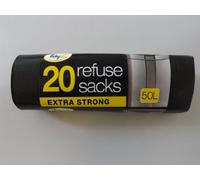 20 Heavy Duty Extra Strong 50L Black Refuse Sacks, Bin Liners, BinBags