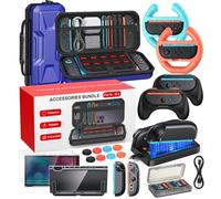 20 in 1 Switch 2 Accessories Bundle with Hard Carrying Case, Switch 2 Controller Charger, Screen Protector, Grips for Joy Con, Steering Wheels for Mario Kart, Clear Protective Cover Case-Blue