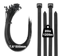 20 inch Cable Ties Long, 100 Pack 120 lbs Heavy Duty Zip Ties, 500 mm x 7.6 mm Black Nylon Plastic Self Locking Cable Wrap with UV Resistant for Tidy Wires, Machinery, Workshop, Outdoor and Garden