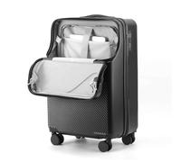 20-Inch Carry-On Suitcase Trolley with Cup Holder and USB Charging Port, Front-Opening Design for Secure Travel Luggage, Lightweight Black Business Luggage with Wheels