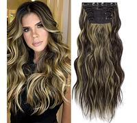 20 Inch Clip in Hair Extensions 4PCS Long Wavy Clip on Hair Extensions Chocolate Brown Mix Caramel Blonde Curly Thick Hair Piece Full Head Synthetic Fiber Hairpieces for Women