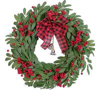 20-inch Green Wreath Green Olive Leaf Red Berry Bow Bell Wreath Winter Front Door Corridor Fireplace Courtyard Decoration Winter Party Office Home Decoration