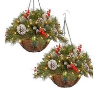 20 Inch Pre-Lit Artificial Christmas Hanging Basket with Pine Cones and Berries, Festive Hanging Planter with LED Lights for Outdoor Indoor Lawn Garden (2 PCS)