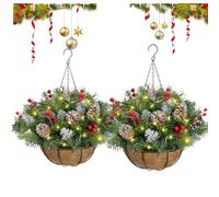20 Inch Pre-Lit Artificial Christmas Hanging Basket with Pine Red Berries Pinecones,Outdoor Artificial Xmas Greenery for Winter Front Porch Patio Outside Urn Fillers Winter Decor (2)