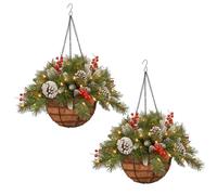 20 Inch Pre Lit Artificial Hanging Basket with Pine Cones, Berries and LED String Lights, Outdoor Decoration for Garden, Patio, Lawn (2pcs)