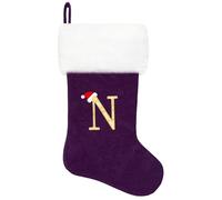 20 Inches Monogram Christmas Stockings, Purple Velvet with White Super Soft Plush Cuff Embroidered Letter Christmas Stocking, Personalized Xmas Stocking for Xmas Tree Holiday Fireplace Family Decor（N）