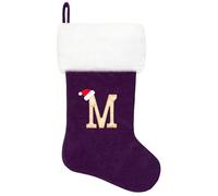 20 Inches Monogram Christmas Stockings, Purple Velvet with White Super Soft Plush Cuff Embroidered Letter Christmas Stocking, Personalized Xmas Stocking for Xmas Tree Holiday Fireplace Family Decor（M）