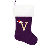 20 Inches Monogram Christmas Stockings, Purple Velvet with White Super Soft Plush Cuff Embroidered Letter Christmas Stocking, Personalized Xmas Stocking for Xmas Tree Holiday Fireplace Family Decor（V）