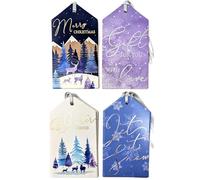 20 Luxury Gift Present Tags for Christmas - Purple & Blue Midnight Forest Theme - Reindeer Winter Scene - Silver Ribbon - Large 11x6cm - 4 Designs - Blank Back - Eco Friendly - Recyclable Packaging