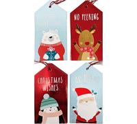 20 Luxury Gift Tags for Christmas with Red String - Festive Santa, Reindeer, Penguin & Polar Bear Designs - Shiny Red Foil Detail - Blank Back for Message - 11.5 x 6.2 cm - Ideal for Kids & Families