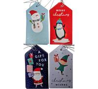 20 Luxury Kids Gift Tags for Christmas - 4 Cute Designs: Santa, Elf, Penguin, Snowman | Silver Strings Included | Recyclable Eco Packaging | Premium Card Tags for Children's Xmas Presents (11 x 6 cm)