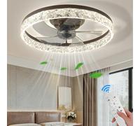 20" Modern LED Ceiling Fan with Lights Dimmable Acrylic Dimmable Low Profile Ceiling Fan Flush Mount Bladeless Chandelier Fan Stepless Color Temperature Change and 6 Speeds (Brown)