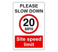 20 mph Please Slow Down Site Speed Limit - safety sign - High tack self-adhesive sticker (150mm x 100mm) Viewing Distance within 3m.