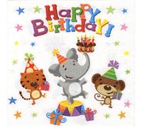 20 Napkins Birthday Animals with Stars and Cakes, Funny, Cute, Elephant, Mouse, Tiger, Children's Birthday, Decoupage, Table Decoration, 33 x 33 cm