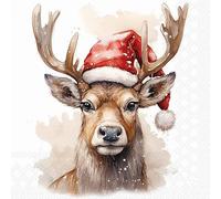 20 Napkins Christmas Deer with Santa Hat as Table Decoration Paper Napkins with Motif Also for Decoupage and Decoupage 33 x 33 cm