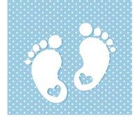 20 Napkins Small Footprints on Blue with White Dots for Baby Shower, Baby Feet, Children's Napkins, Christening or Children's Birthday Party for Boys, 33 x 33 cm