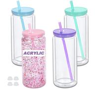 20 oz Acrylic Snowglobe Tumbler, 4 Pack Double Wall Snow Globe Cups with Pre Drilled Hole, Plastic Mason Jar Cups Can for Snow Globe Glitter DIY (Mixed Color)
