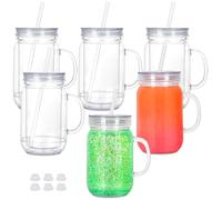 20 Oz Acrylic Snowglobe Tumbler with Handle, 6 Pack Pre-Drilled Double Wall Plastic Mason Jar for Glitter Snow Globe Diy, Double Wall Snowglobe Cup with Clear Lid