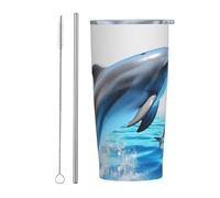 20 oz Stainless Steel Tumbler with Straw Unique 3D Animal dolphin Printed Travel Mug Insulated Car Cup Stainless Vacuum Water Bottle for Gifts Office Coffee Mug