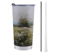 20 Oz Tumbler Travel Cup Farmhouse White Barn White Flowers Path Water Bottle, Stainless Steel Vacuum Insulated Coffee Mug with Straw Lid and Cleaning Brush