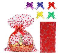 20 Pack Cellophane Basket Bags with Pull Bow Set Christmas Clear Hamper Wrap Bags for Gifts Packaging Hamper Making (Heart,50 * 70 cm)