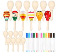 20 Pack DIY Wooden Maracas, Unfinished Kids Fiesta Mexican Maracas, Paintable Musical Maracas with 12 Colour Markers for Classroom Crafts Birthday Party Favor (11.5 x 3.8 cm)