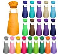 20 pack Kids Aprons for Baking, Children Aprons and Chef Hat, Children Adjustable Cooking Art Apron with Pocketed for Boys Girl's Kitchen Baking Painting Wear (20 colors, for 7-13 Age)