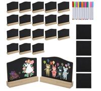 20 Pack Mini Wooden Chalkboard Signs with Bases - Double-Sided Tabletop Labels, 12 Water-Based Pens & Cloths for Wedding Menus, Buffet Labelling