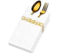 20-Pc Disposable Linen Feel Dinner Napkins - Elegant White and Gold Napkins, Cloth-Like, Prefolded with Flatware Pocket. Ideal for Parties, Weddings, Dinners, and Events