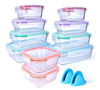 20 Pc Glass Food Storage Containers with Snap Lock Lids, Airtight & Leakproof, Bonus 2 Oven Silicone Gloves, Safe for Dishwasher, Oven, Microwave,Freezer, BPA Free