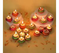 20 Pc Set Multicolor Decorated Thread Work Clay MATKI Wax Filled Diya | Diwali Pooja Handmade Dia | Terracotta - Natural EARTHEN Diya - Handpainted with MDF Gift Package (Small)